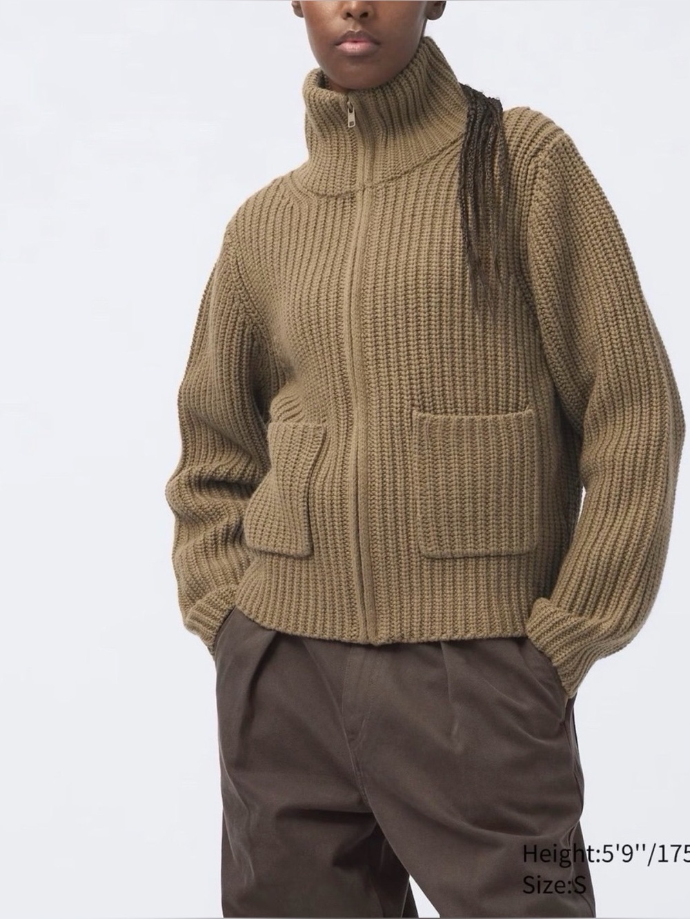 Uniqlo Ribbed Zip-Front Knit Sweater in Olive Brown
